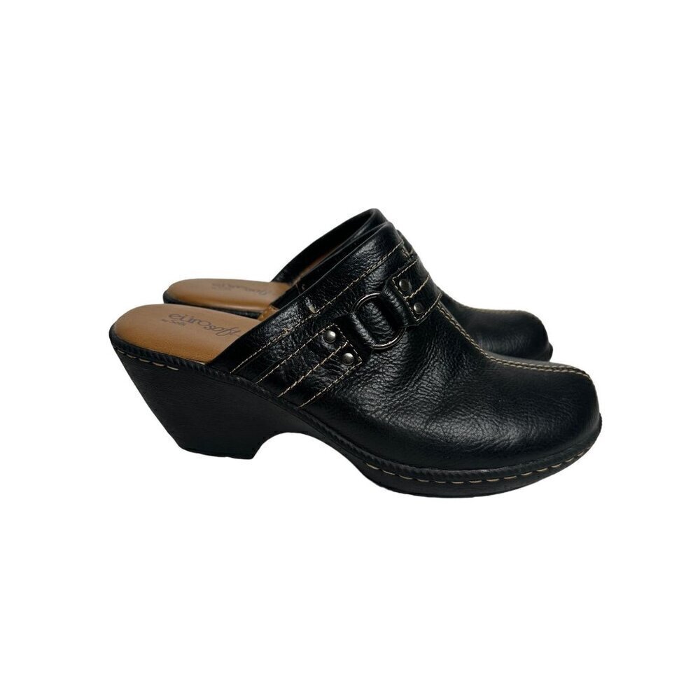 Eurosoft Black Upper Leather Slip-On Clogs Heeled Comfort Mules With Buckle